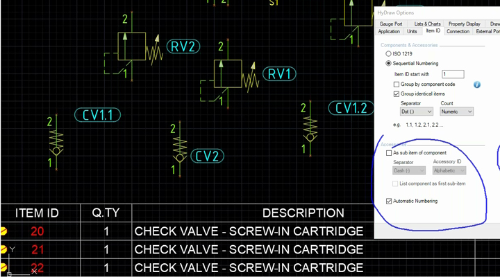 Introducing the item ID number schemes available for generating a parts list. HyDraw CAD Item ID and Parts List Customization