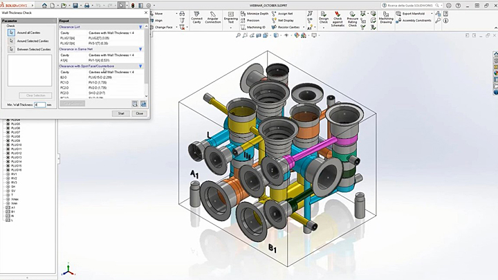 Design, verify and assemble a manifold block. How to design a hydraulic manifold with MDTools built on Solidworks