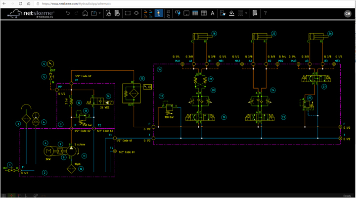 A classic NetSkeme demo showing most of the features. Hydraulic Schematics Design with NetSkeme Hydraulic